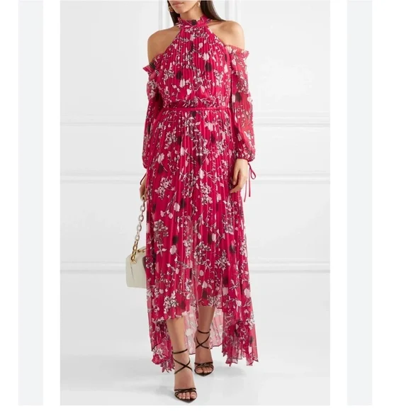 Self-Portrait Dresses | Self-Portrait Floral Chiffon Maxi Dress Red Cold Shoulder Pleated Hi-Low Size SM | Color: Pink/Red | Size: S |